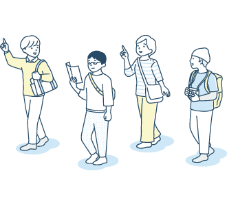 楽しそうにグループで旅行をするイラスト