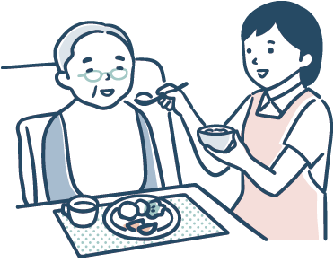 食事中の利用者さんをサポートする看護師のイラスト