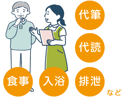 食事・入浴・排泄・代筆・代読などの介護サービスを表すイラスト