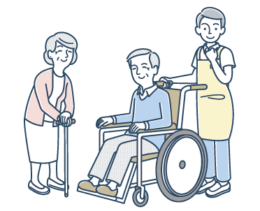 やさしくサポートする職員と利用者さんのイラスト