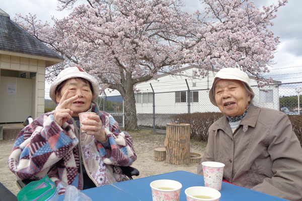 桜の下でお花見を楽しむ利用者さん